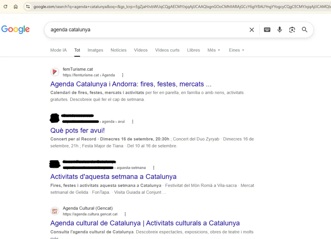 Resultats de cerca a Google per «Agenda Catalunya», amb femturisme.cat entre les primeres posicions